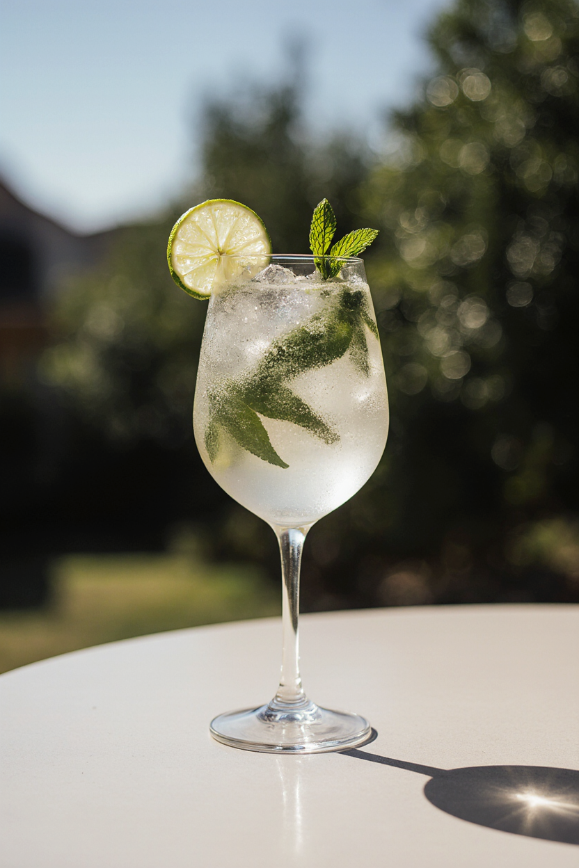 3 steps Hugo Spritz Recipe in a wine glass with mint, ice, and bubbles on a summer patio