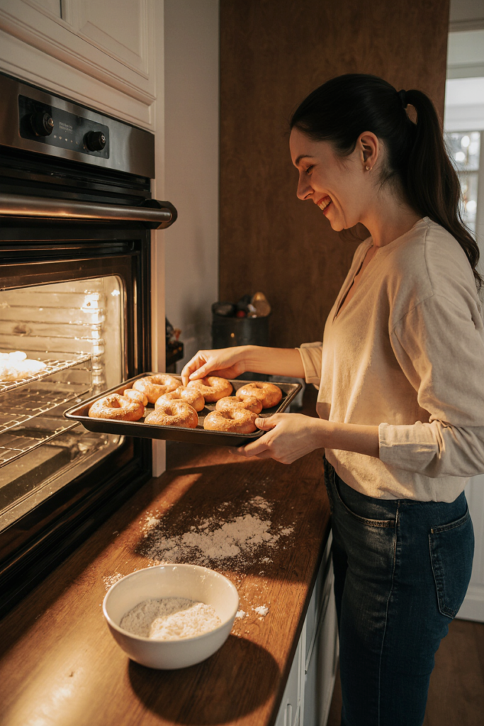 Woman placing homemade bagels into the oven in a cozy kitchen