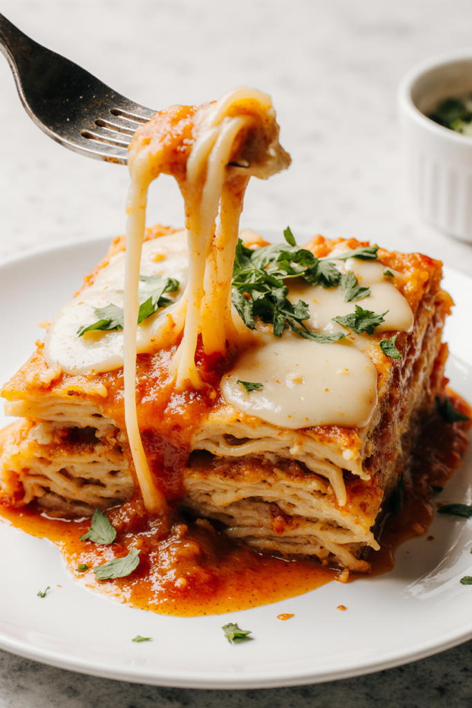 sliced ramen lasagna served on a plate with cheese stretch