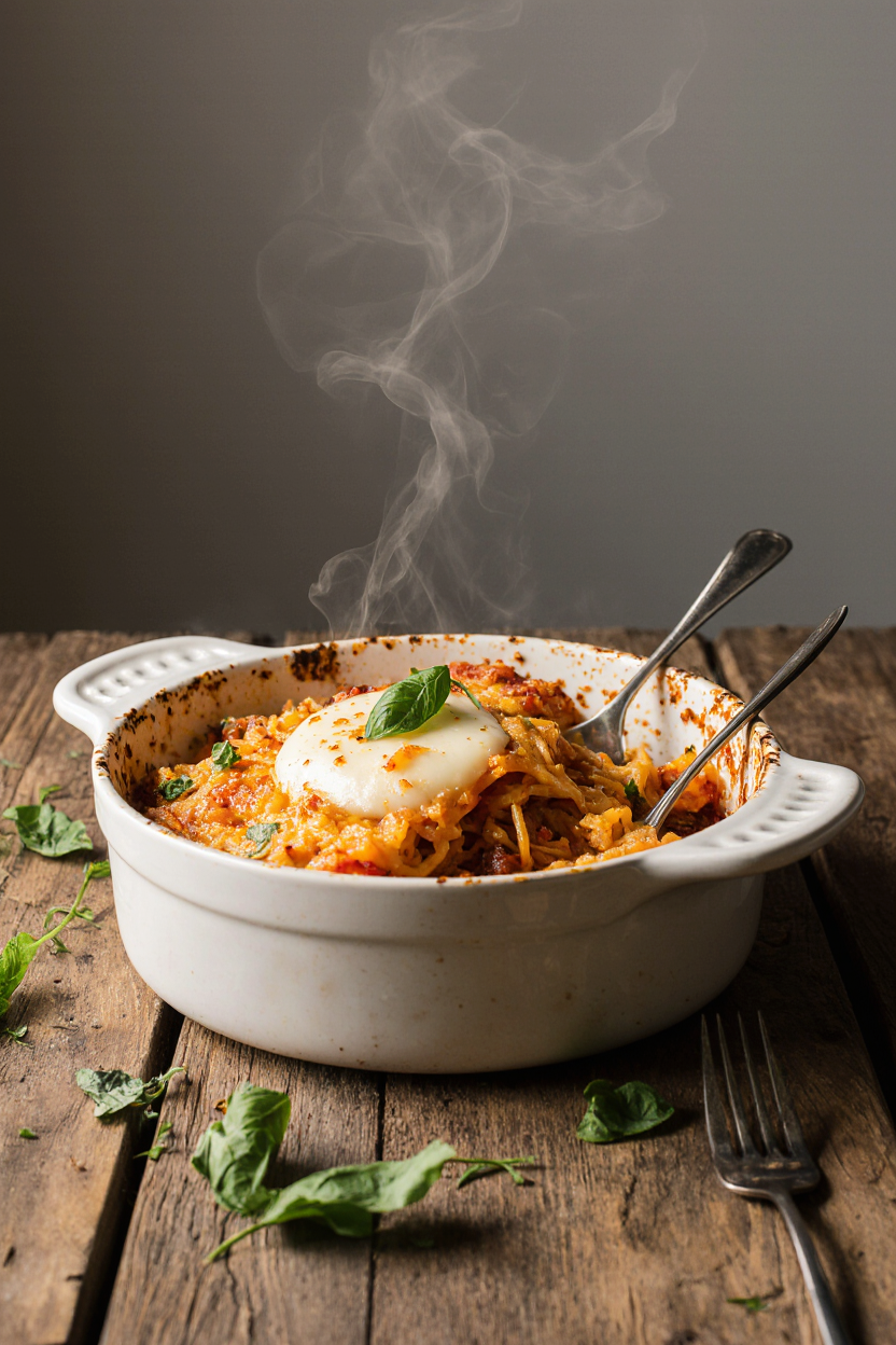 ramen lasagna in a white baking dish on rustic kitchen table