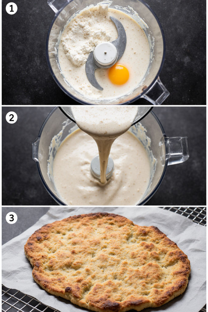 Realistic close-ups of cottage cheese flatbread being blended, poured, and baked