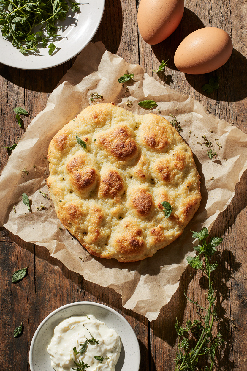 Zoomed-in view of freshly baked cottage cheese flatbread with ingredients around it