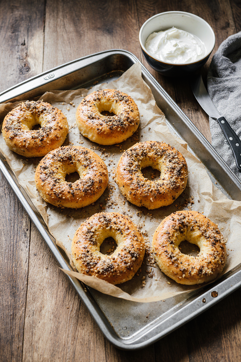 “Freshly baked 3 ingredient bagels topped with everything seasoning on a rustic kitchen table.