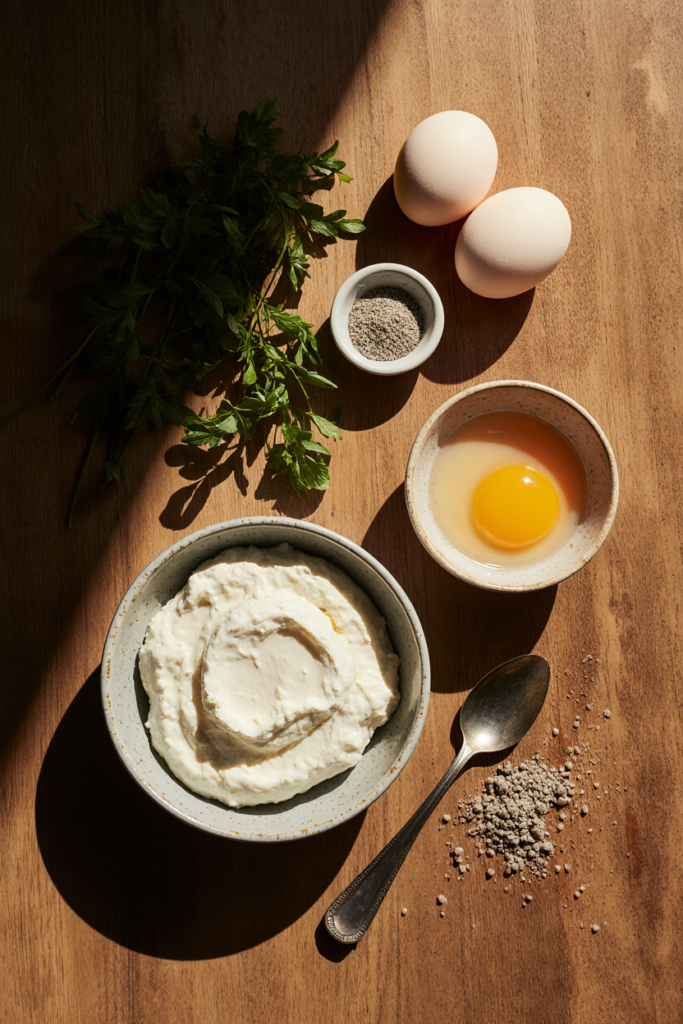 Close-up of ingredients for cottage cheese flatbread arranged on a board
