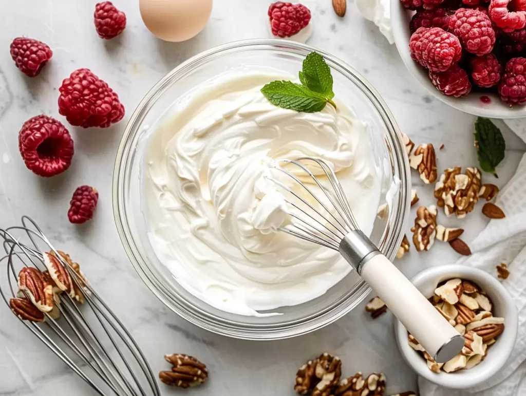 Whisking yogurt with cooled milk to create a starter mixture.