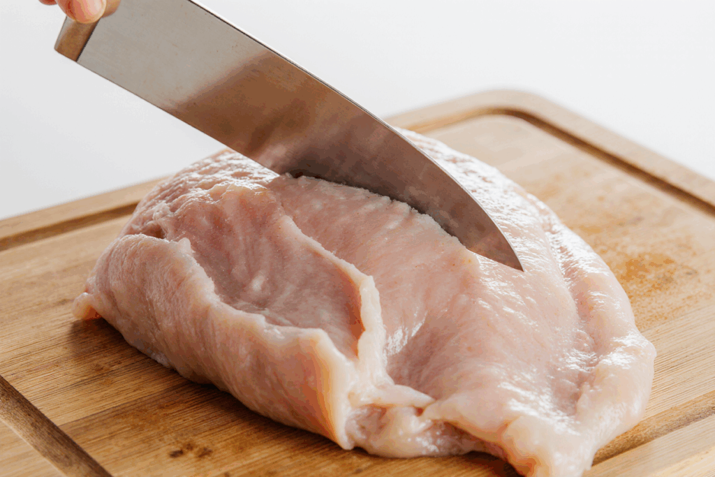 Chicken breast being sliced thin on a cutting board.