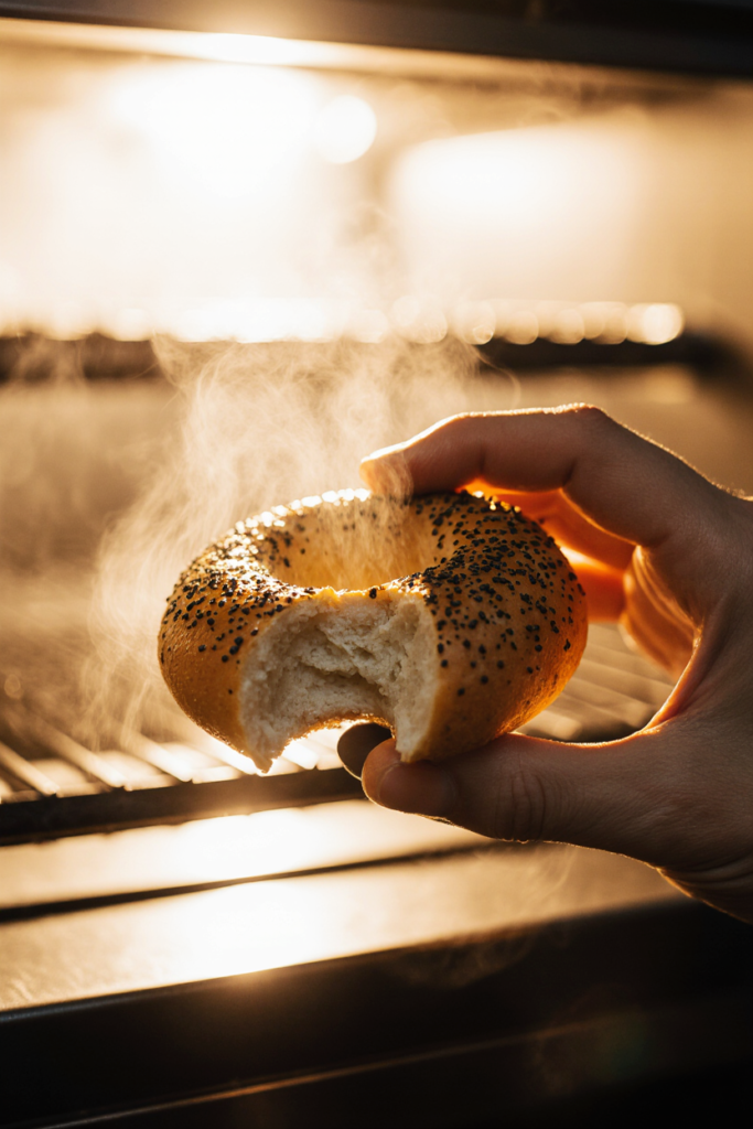 Close-up of warm bagel fresh from the oven with a bite taken out