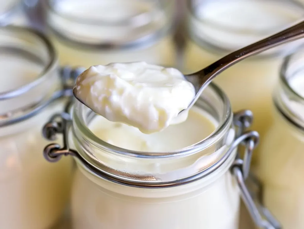 Finished yogurt jars chilling in the fridge, one opened to show texture.
