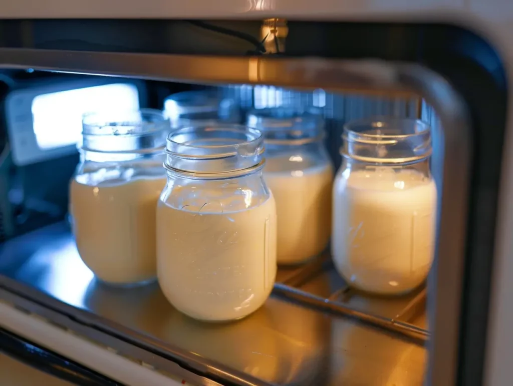 Jars of yogurt fermenting in a yogurt maker.