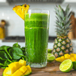 Green juice in a glass with fresh tropical fruits and spinach