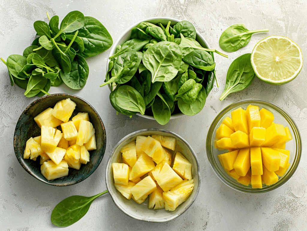 Measured ingredients for green juice on a table