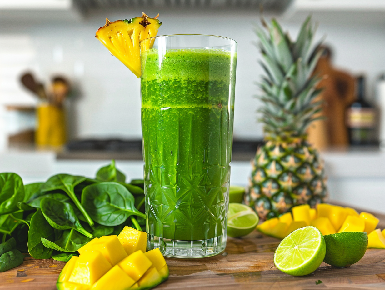 Green juice in a glass with fresh tropical fruits and spinach