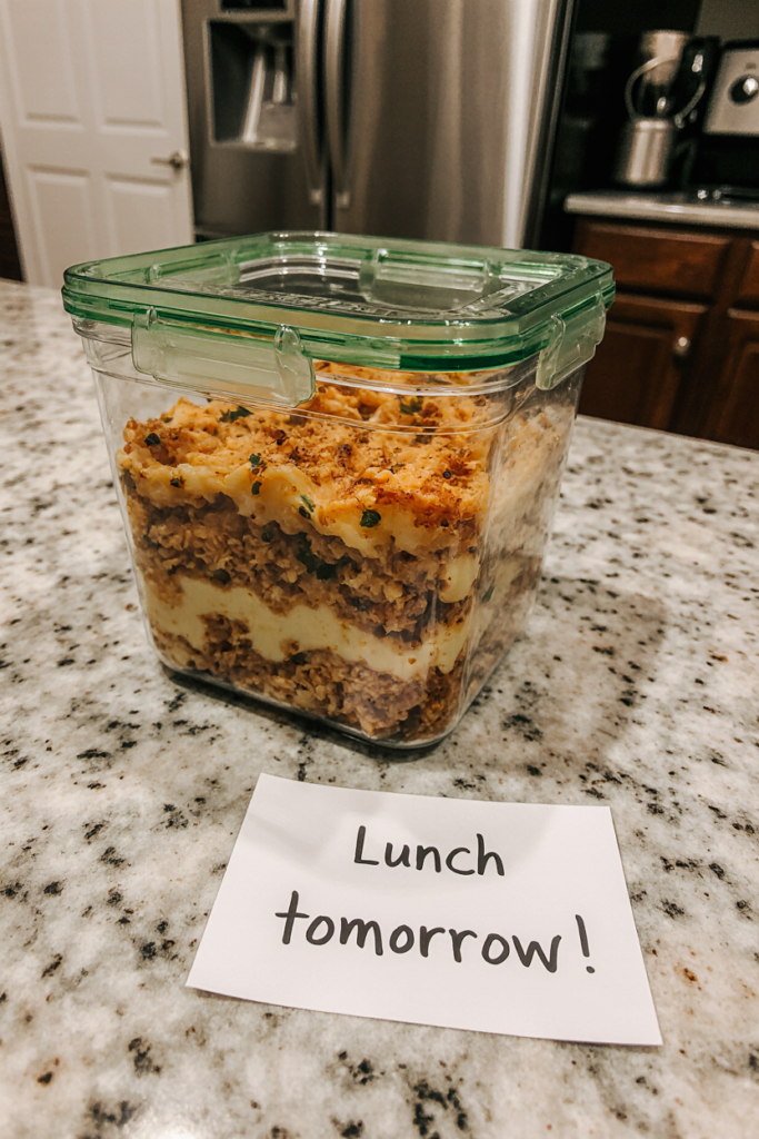 leftover ramen lasagna stored in airtight container for later