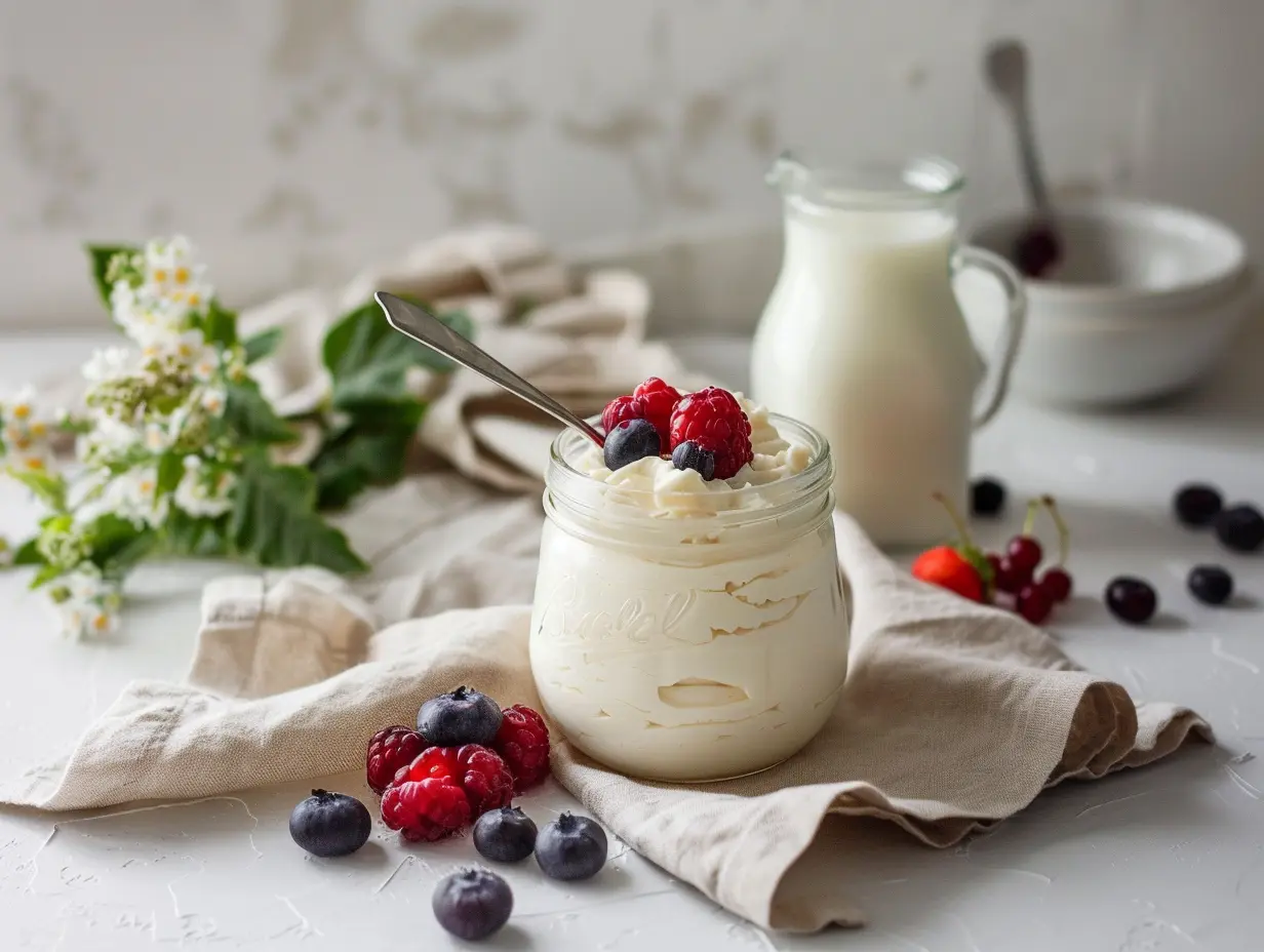 Freshly made low fat yogurt in a jar surrounded by berries and milk on a cozy kitchen counter.