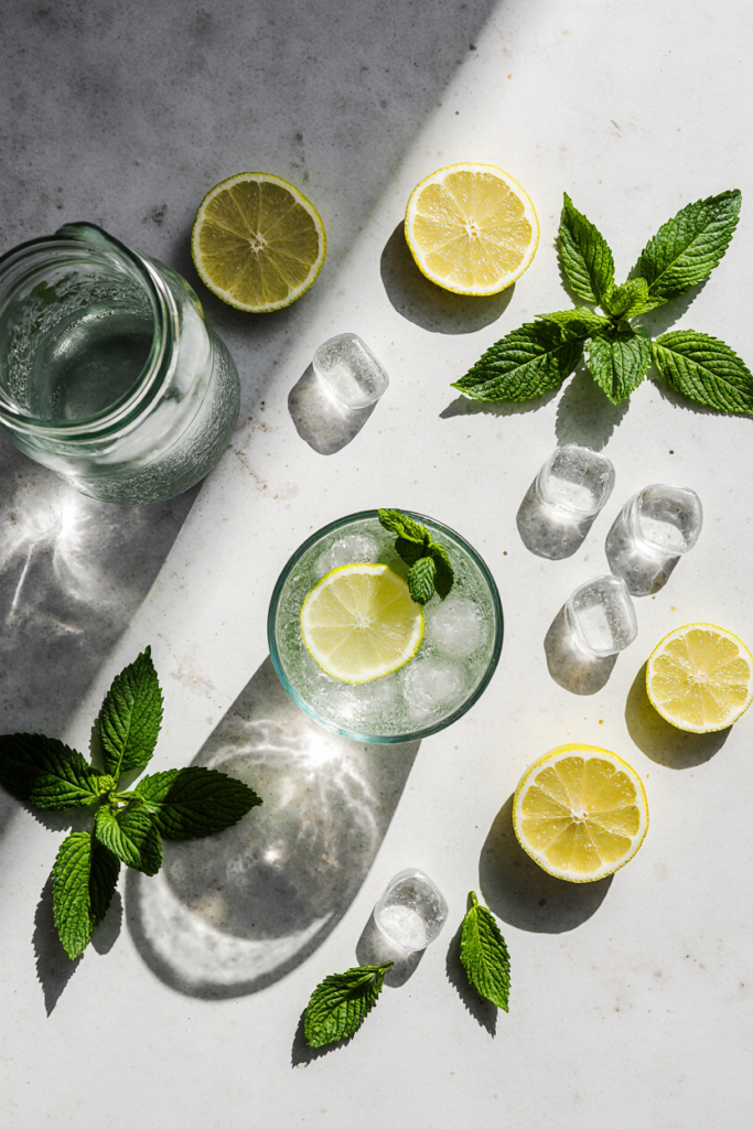Flat lay of non-alcoholic Hugo Spritz mocktail ingredients including mint, lime, and sparkling water