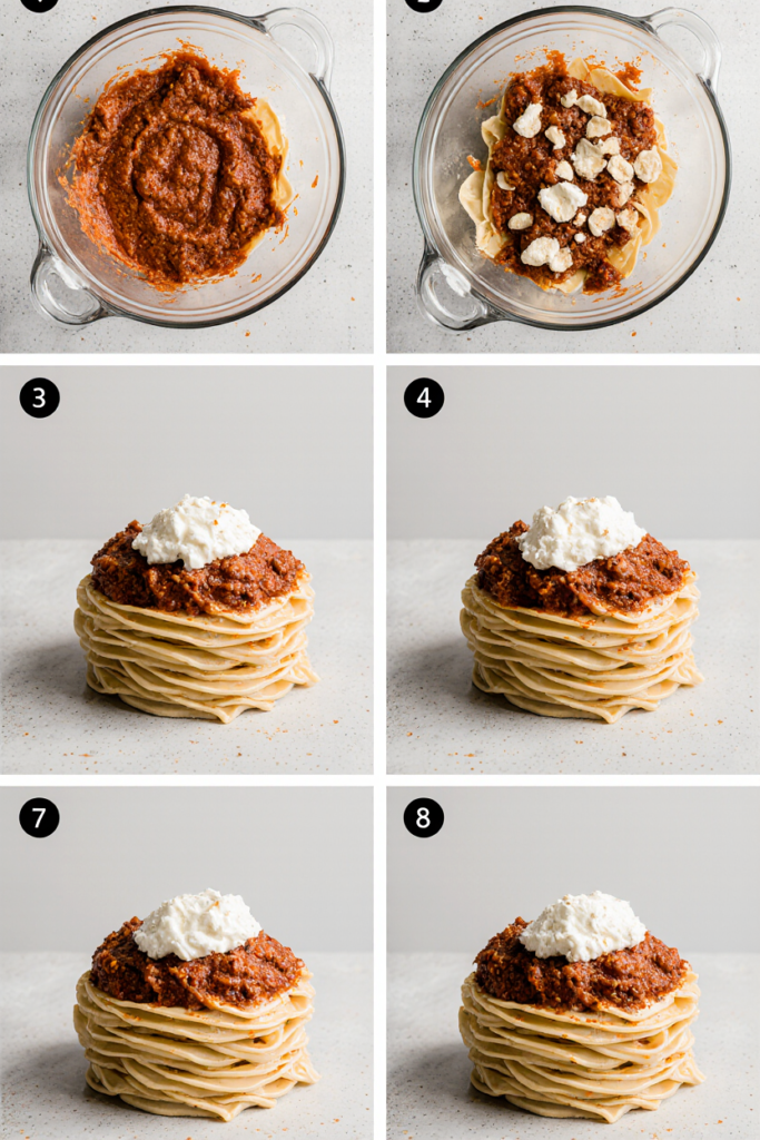 step-by-step ramen lasagna preparation with noodles and sauce
