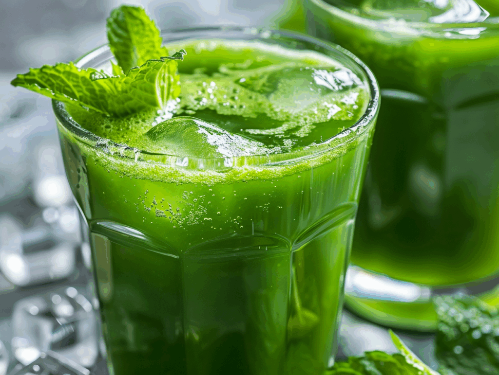 Cold green juice served fresh with mint