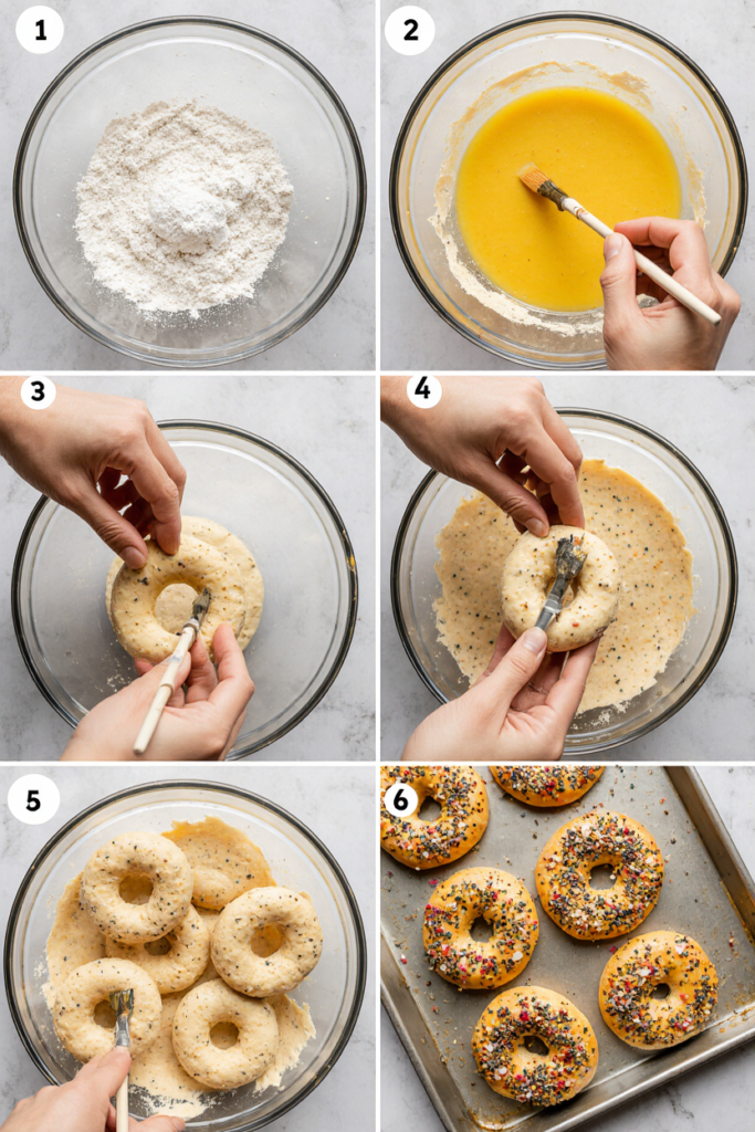 Step-by-step process of making 3 ingredient bagels from mixing to baking