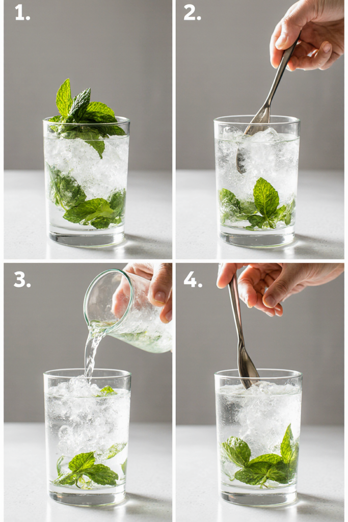 Step-by-step photos of making a non-alcoholic Hugo Spritz mocktail at home.