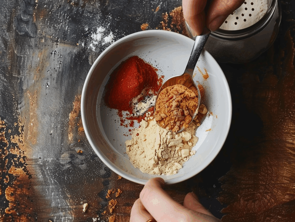 A bowl of mixed chicken seasoning being stirred with a spoon.