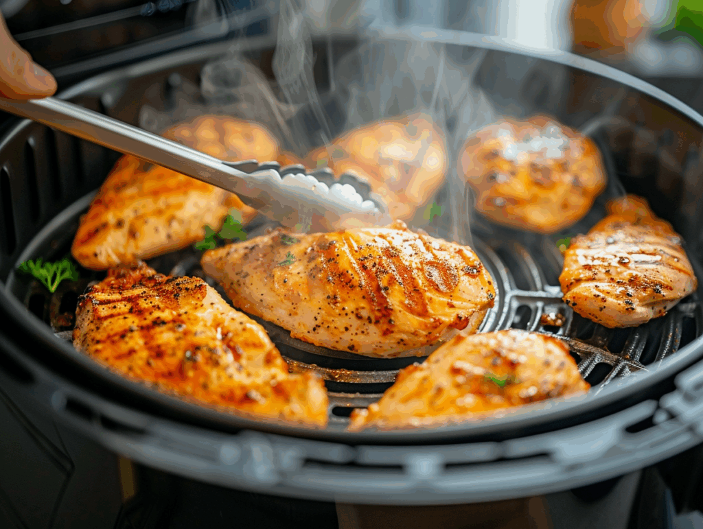 Chicken breasts cooking inside an air fryer, being flipped with tongs.