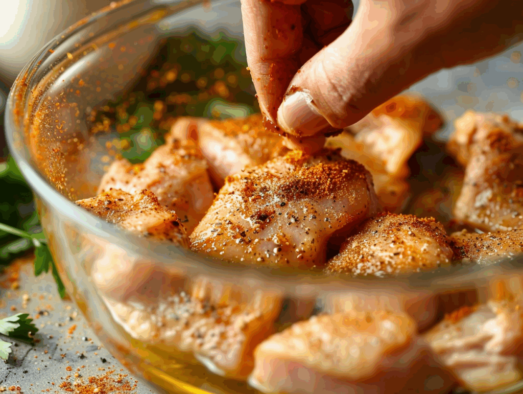 Chicken breasts being coated in spices and oil in a mixing bowl.