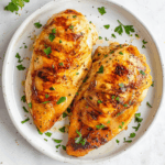 Two seasoned air fryer chicken breasts on a white plate.
