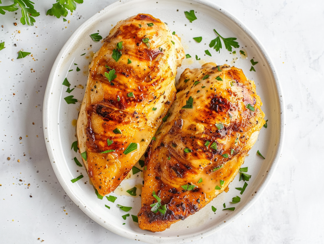 Two seasoned air fryer chicken breasts on a white plate.