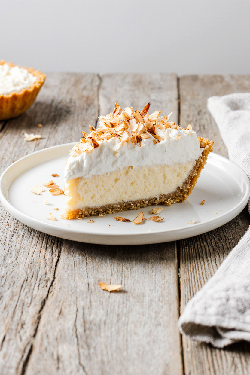 Old-Fashioned Coconut Cream Pie with whipped topping and toasted coconut flakes