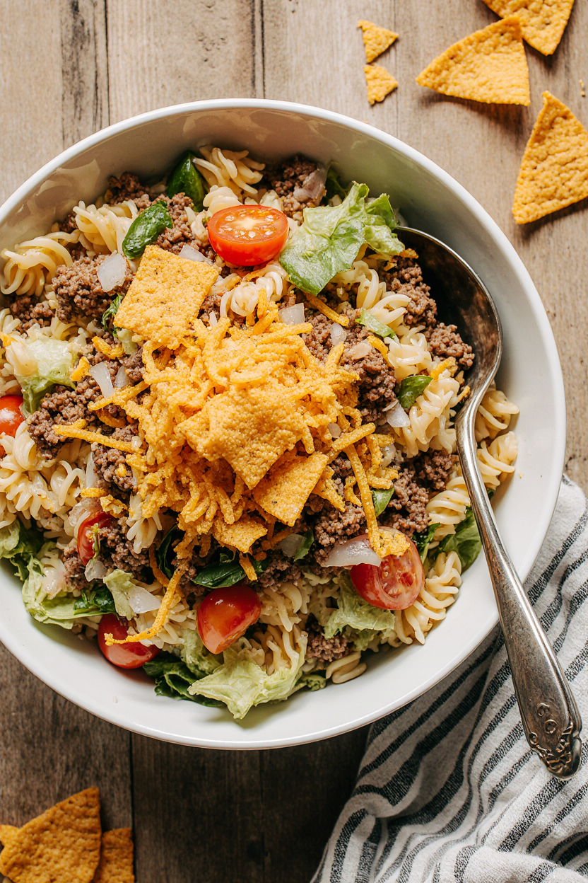 Taco pasta salad recipe served in a white bowl with fresh vegetables and crushed Doritos