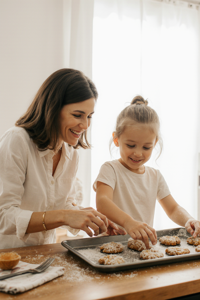 Mom and child baking oatmeal cookies together in the kitchen