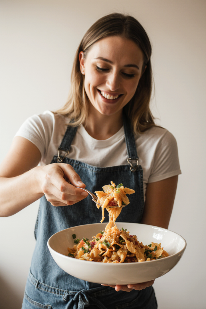 Woman serving taco pasta salad in a kitchen with natural light