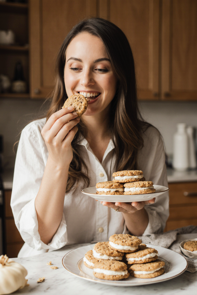 Woman enjoying a homemade oatmeal cream pie in her kitchen