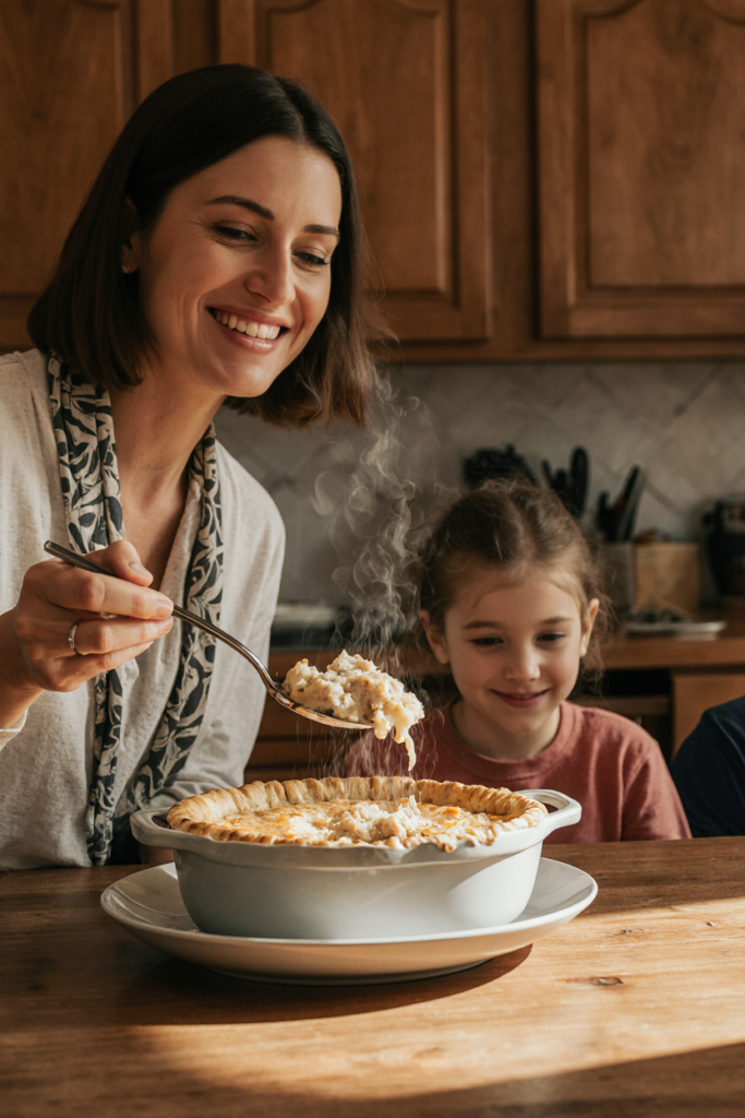 Woman serving chicken pot pie in a cozy family kitchen.