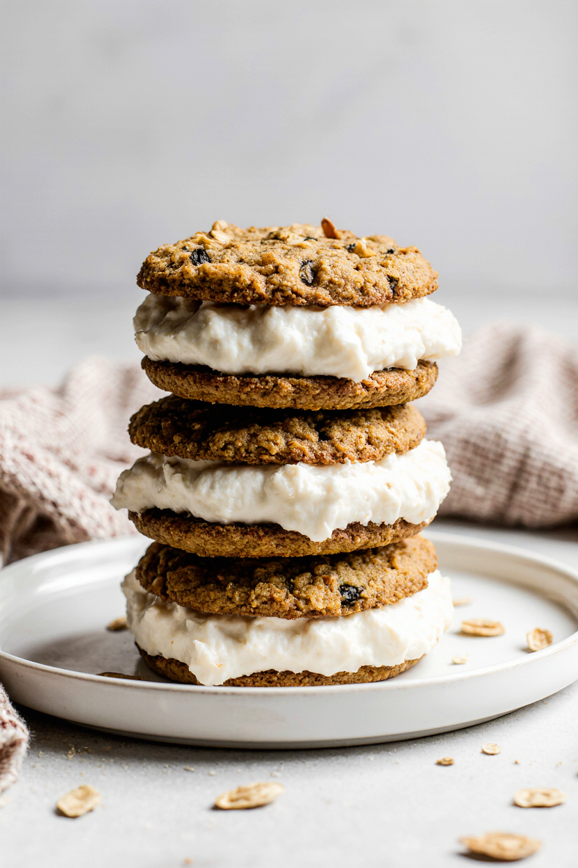 Oatmeal cream pie recipe with fluffy filling between homemade oatmeal cookies