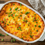 A cheesy breakfast casserole in a white dish on a wooden table
