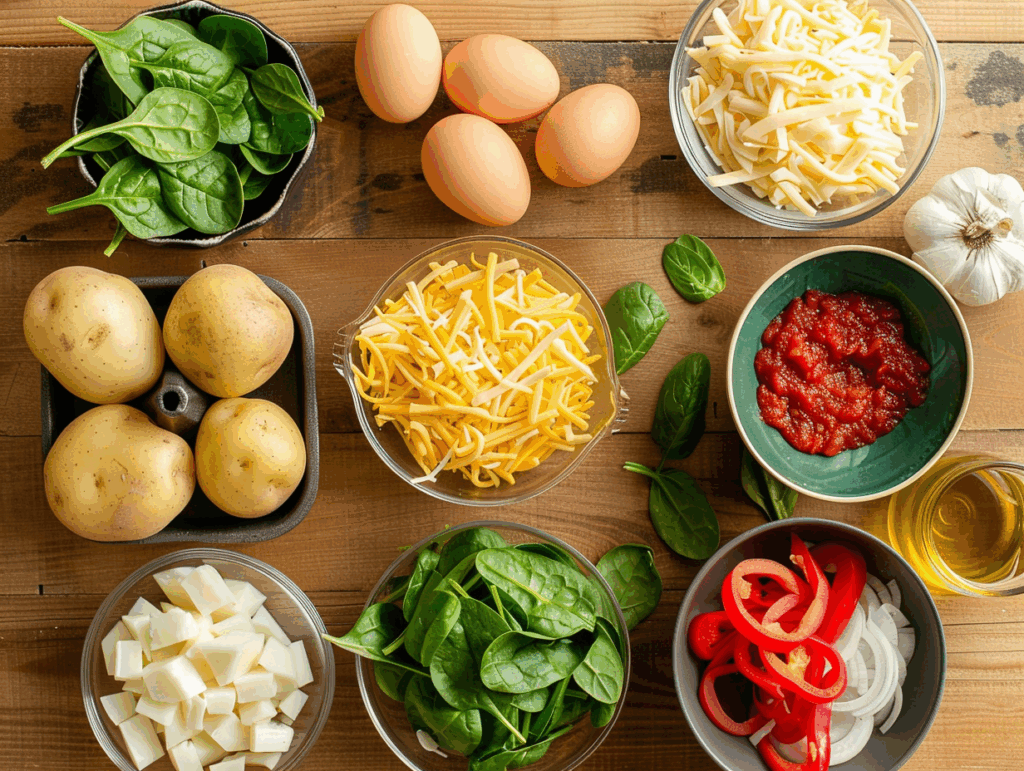 Ingredients for a breakfast casserole arranged neatly on a wooden surface.