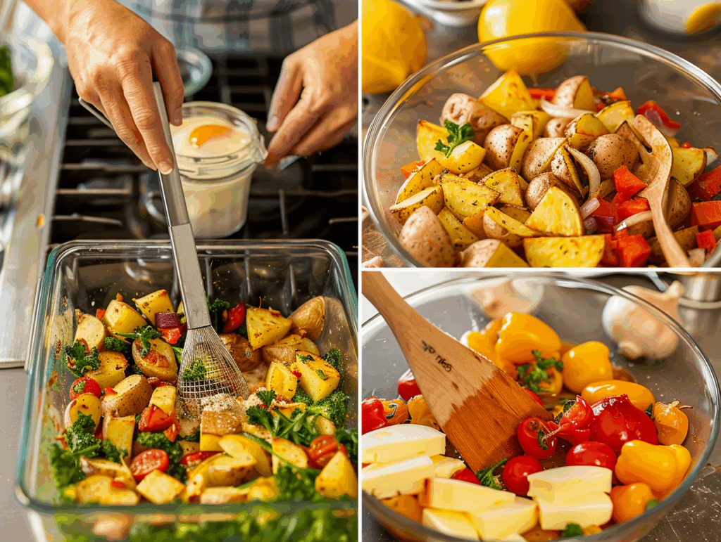 Step-by-step cooking process for a breakfast casserole.