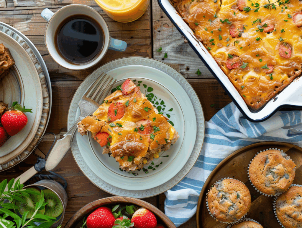 Breakfast casserole served with fruit and muffins on a cozy table.
