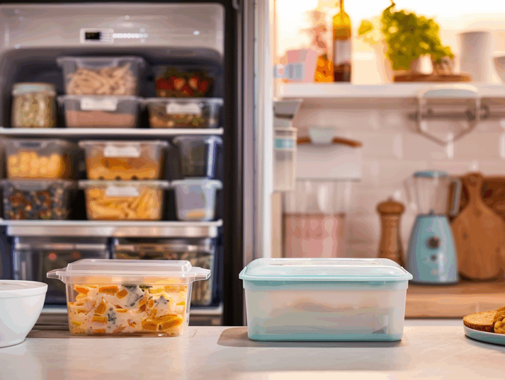 Prepared breakfast casserole in the fridge and organized containers.