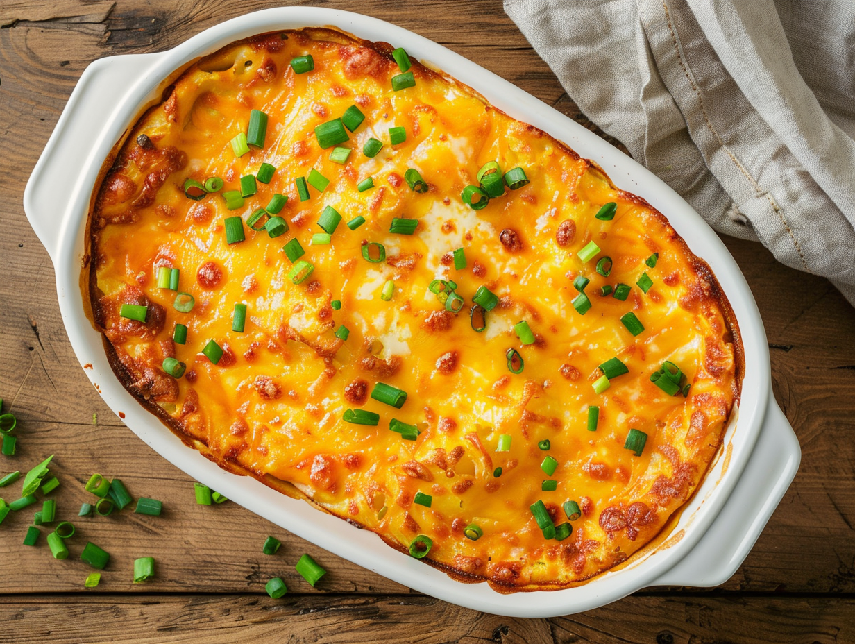 A cheesy breakfast casserole in a white dish on a wooden table