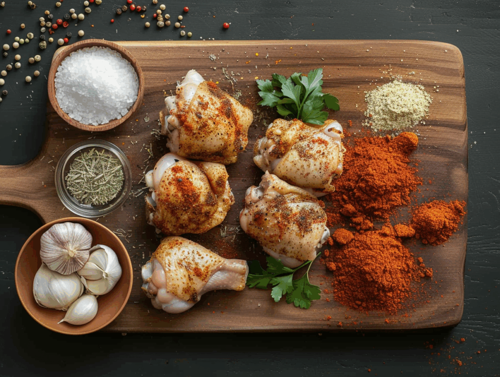 flat lay of chicken thighs with spices on a wooden cutting board, smoked paprika, garlic powder, oregano, onion powder, rustic kitchen setting, overhead shot