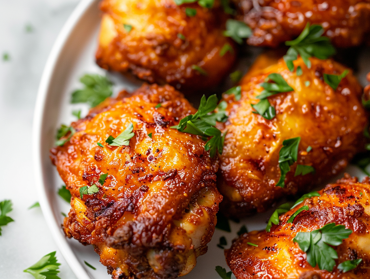 Golden crispy air fryer chicken thighs on a white plate with parsley garnish.