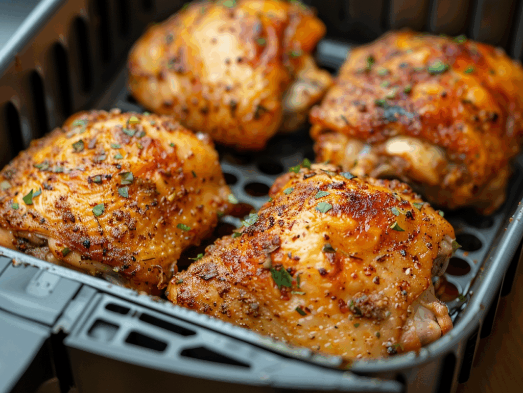 Crispy chicken thighs inside an air fryer basket.