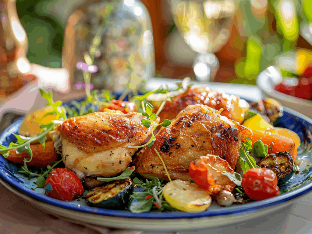 Crispy chicken thighs served with vegetables and salad.