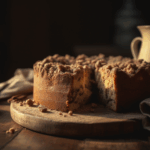 A sliced coffee cake with cinnamon topping on a wooden table.
