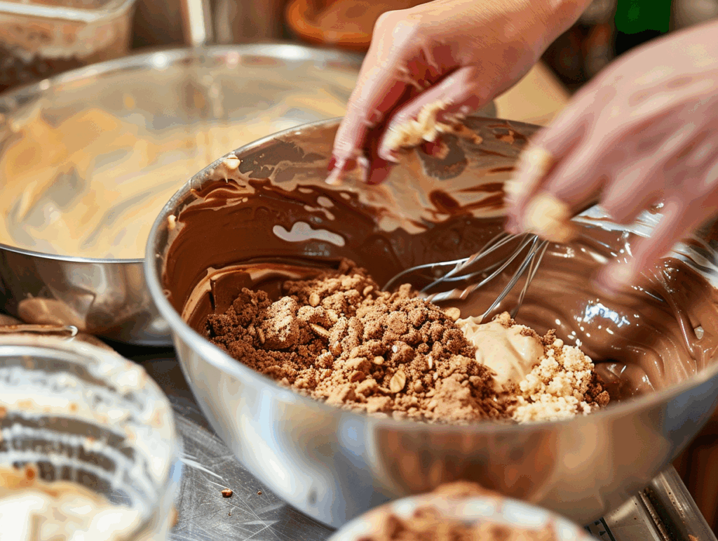 Hands preparing coffee cake in a kitchen.