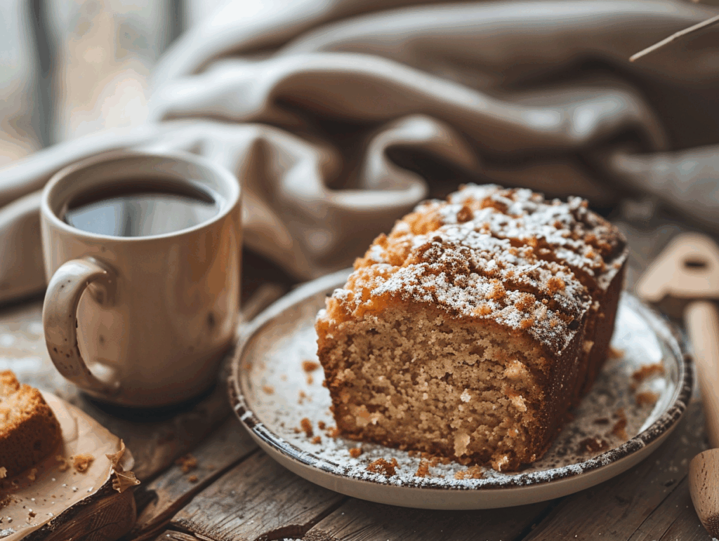 A slice of coffee cake next to a coffee mug.