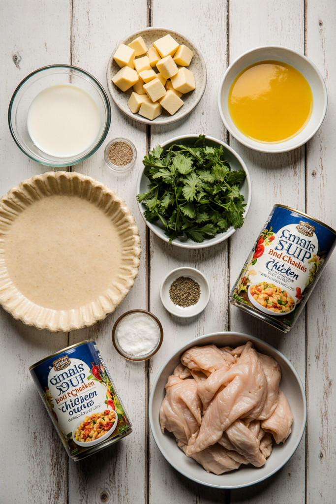Ingredients for easy Chicken Pot Pie with Cream of Chicken Soup laid out on a countertop