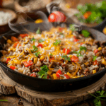 Skillet of cooked ground beef and rice with melted cheese.